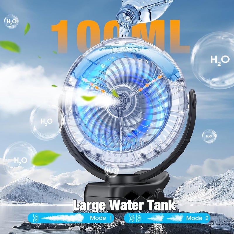 Ausic Portable Misting Clip on Fan, Golf Cart Fans, Max 45H Runtime, 100ml Camping Stroller Fan with LED, 360° Rotate Cooling Spray, Outdoor Rechargeable Battery Fans for Travel/Home/Beach - Image 2